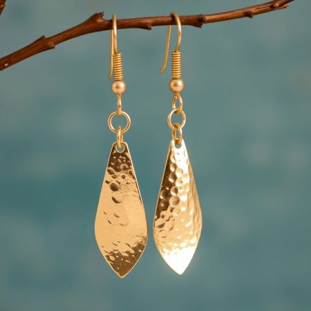 Hammered Leaf shape dangle earring, Brass gold plated, Wholesale jewelry